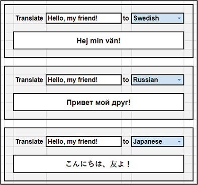 Fig. 8 Final Example of VLookup(), GoogleTranslate(), and Data Validation.