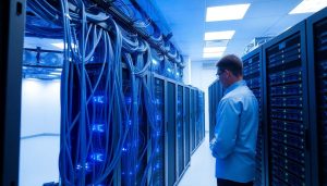 Technician in a server room monitoring colocation infrastructure for compliance with security and performance standards.