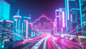 Cloud API concept illustration showing data exchange between servers and cloud infrastructure, representing seamless integration and scalability.