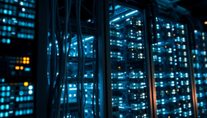 A high-tech server room featuring multiple server clusters with glowing blue LED lights, network cables, and advanced computing hardware designed for high-performance data processing and storage.