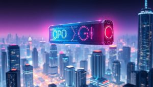 Futuristic digital billboard displaying glowing text 'QPO > GI' hovering over a neon-lit cyberpunk city skyline at night, symbolizing advanced technology and urban innovation.