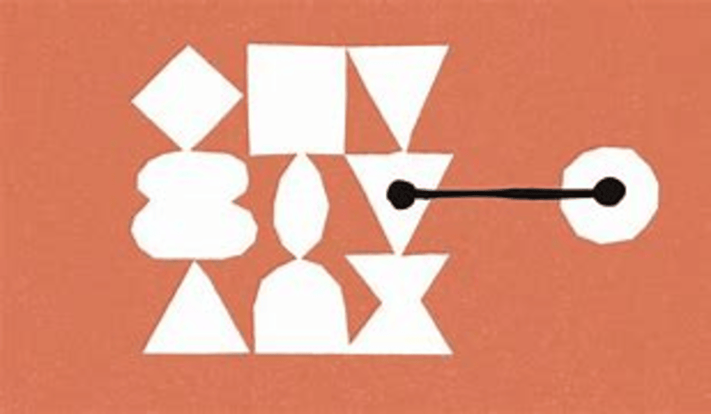 Abstract geometric shapes connecting to a central node on a textured orange background, symbolizing AI integration and data flow in modern tech systems.