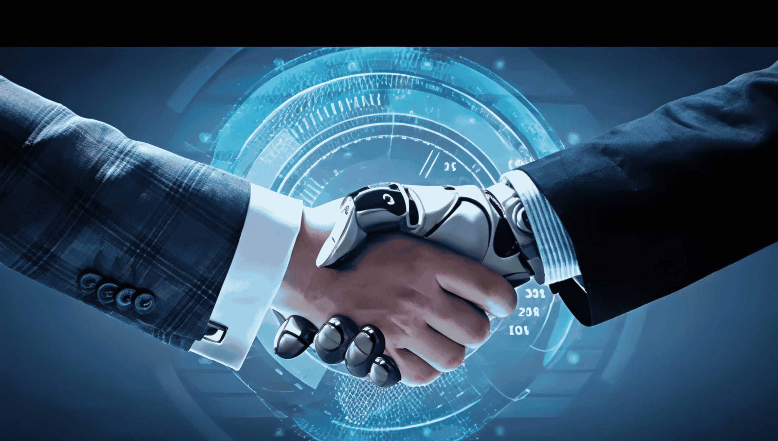 Human and robot shaking hands symbolizing AI integration into business and society, with futuristic digital interface background.