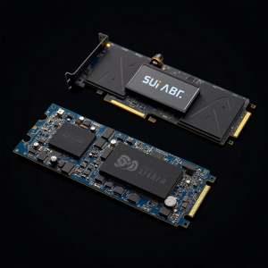 Close-up image of two modern solid-state drives (SSDs) showcasing internal components and circuit design, comparing NVMe and SATA SSD hardware on a black background in 2025." Would you like an SEO-optimized caption or blog excerpt to go with it?