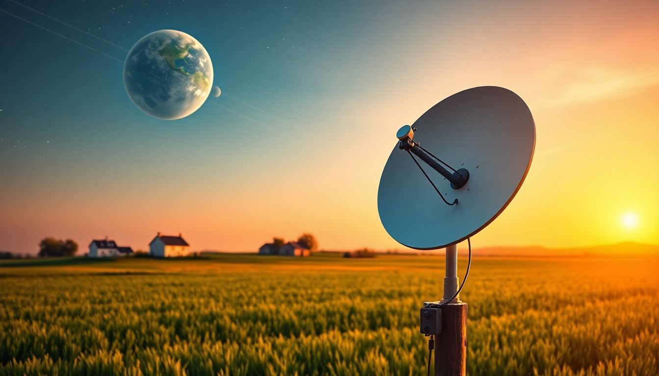 Satellite dish in a field at sunset, symbolizing connectivity beyond traditional fiber and cable options.