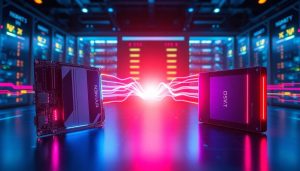 Comparison of NVMe and SATA SSD drives with futuristic lighting and data transfer visuals in a modern server room, illustrating speed differences between storage technologies in 2025.
