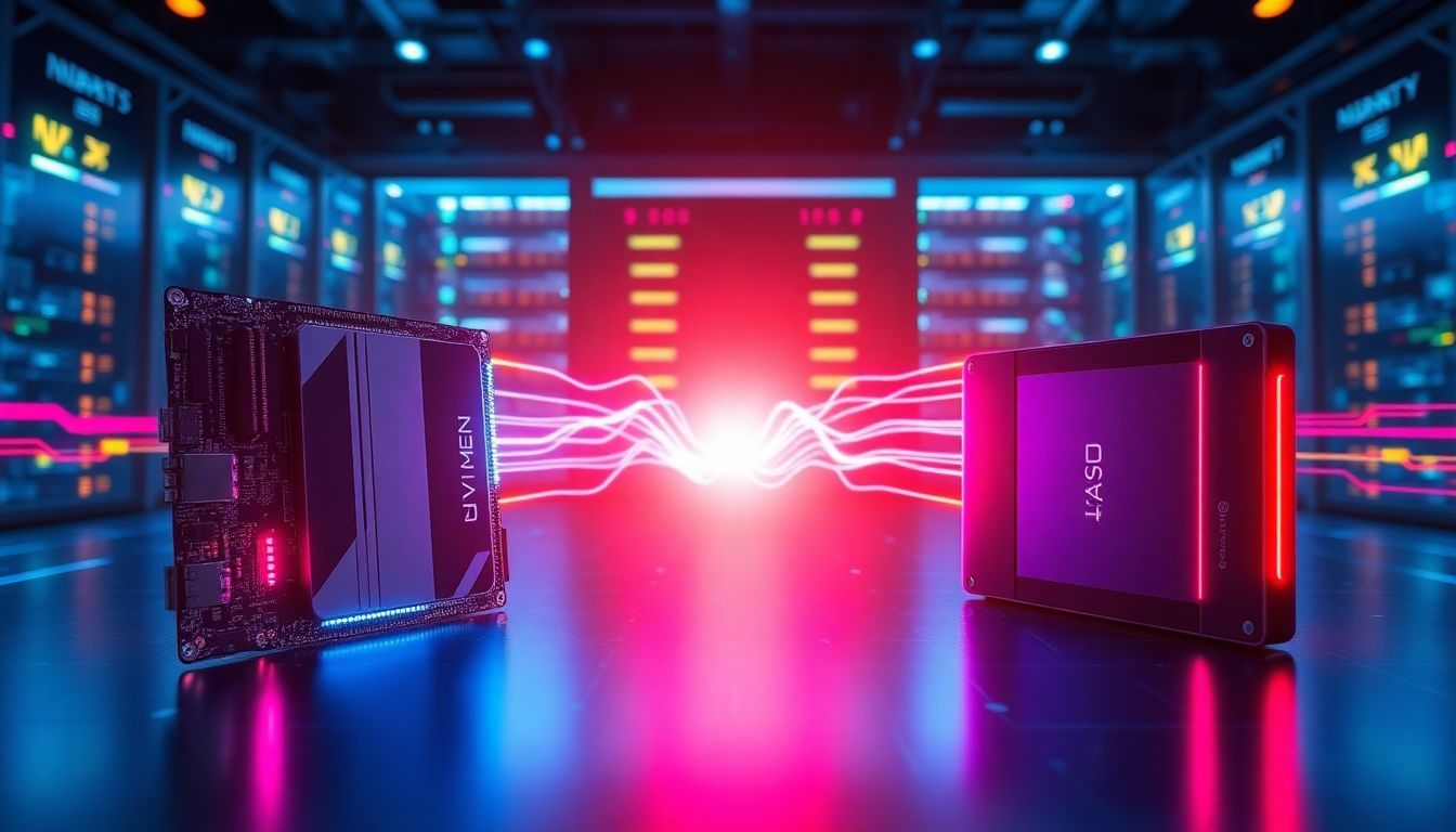 Comparison of NVMe and SATA SSD drives with futuristic lighting and data transfer visuals in a modern server room, illustrating speed differences between storage technologies in 2025.
