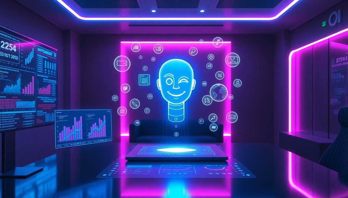 A futuristic office featuring a glowing head, symbolizing virtual AI assistants enhancing efficiency and innovation.