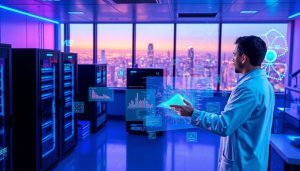 A man in a lab coat examines a computer screen, focusing on synthetic data generation for AI model training.