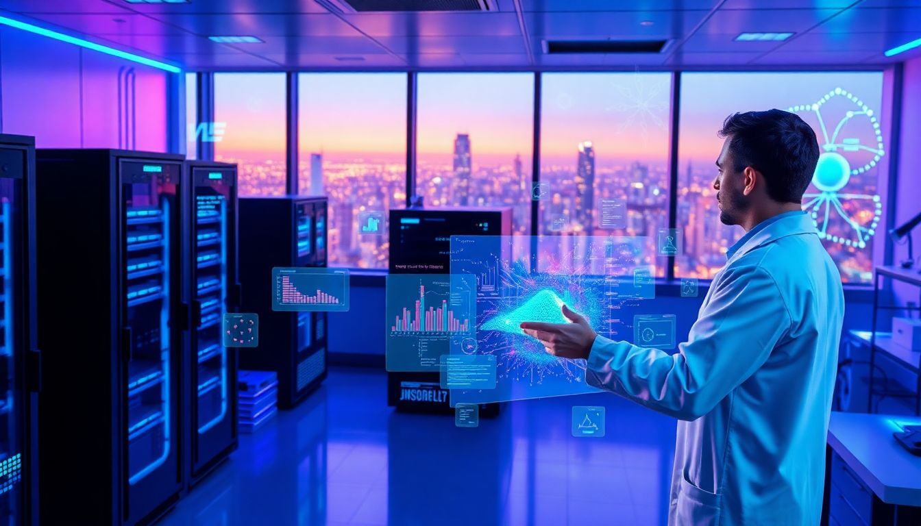 A man in a lab coat examines a computer screen, focusing on synthetic data generation for AI model training.