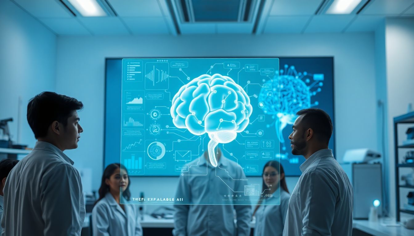 Scientists analyzing a 3D holographic brain model in a lab, showcasing explainable AI technology with data visualizations and neural network insights to enhance machine learning transparency and trust.