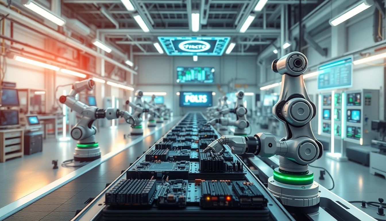 Robotic arms assembling circuit boards on a high-tech automated production line in a smart factory, showcasing Industry 4.0 technologies and advanced manufacturing systems.