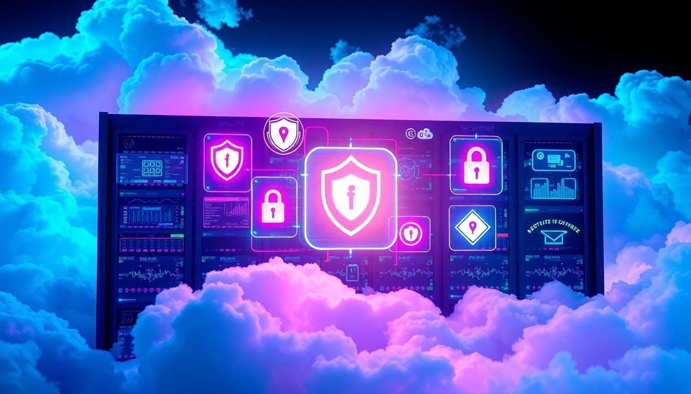 Cloud-native security tools interface displayed on a digital dashboard surrounded by vibrant clouds, symbolizing modern cloud environment protection and cybersecurity solutions.