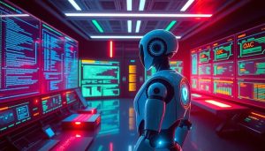 Futuristic robot monitoring cybersecurity dashboards in a high-tech control room, representing automated patching and streamlined IT maintenance processes.