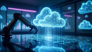 Robotic arm interacting with glowing digital cloud icons, symbolizing AI integration in cloud computing within a futuristic smart office environment.