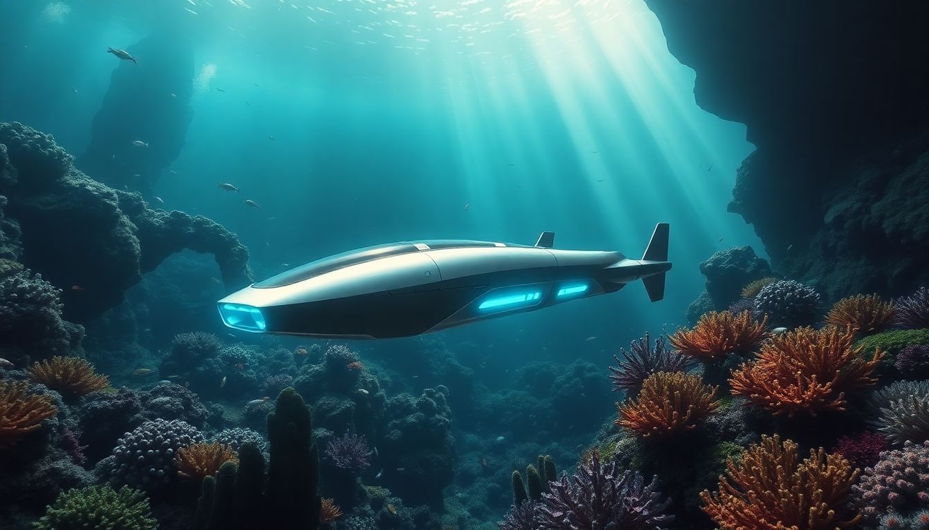 Futuristic DeepSeek R1 underwater vehicle exploring a vibrant coral reef, symbolizing advanced data retrieval technology in deep-sea environments.