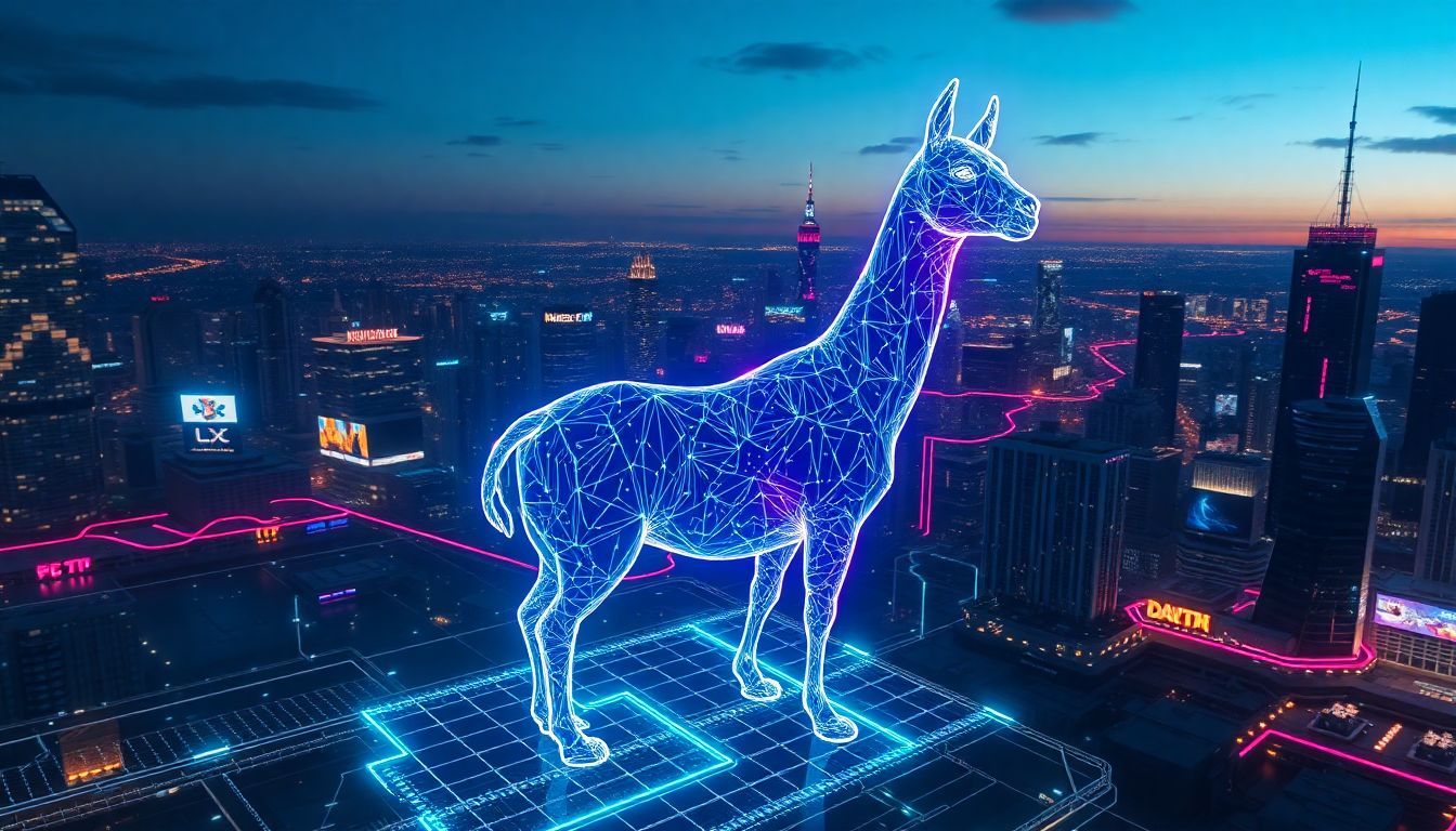 Glowing digital wireframe of a llama representing Meta Llama 4 AI model, towering over a futuristic cityscape at dusk, symbolizing the future of open-source artificial intelligence.
