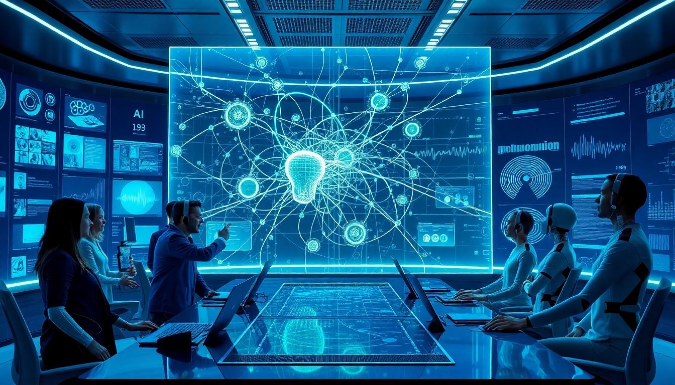 Human and humanoid robots collaborating in a futuristic control room with holographic data displays, symbolizing the power of multimodal AI systems transforming machine understanding of the world.