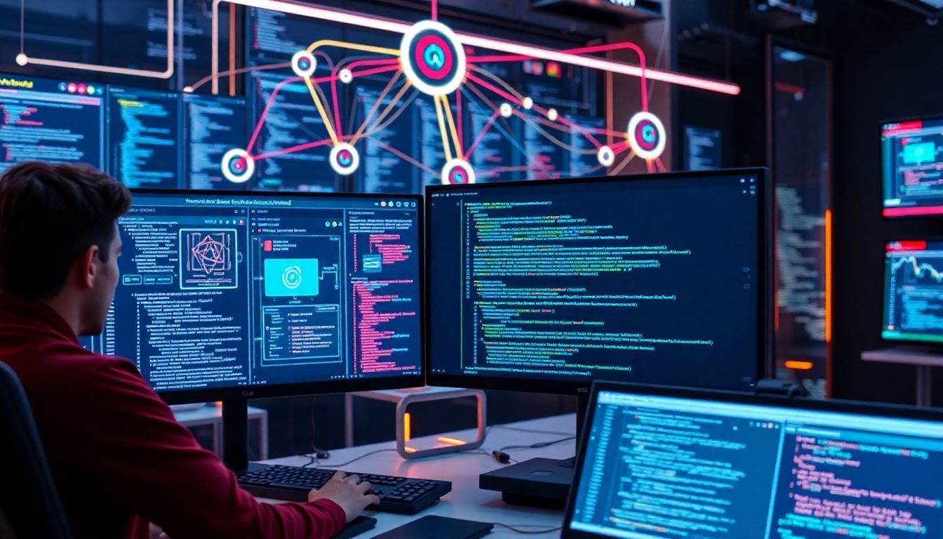 Developer working on multiple monitors with code and diagrams, representing isomorphic web applications and the future of universal web development.