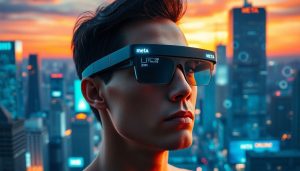 Man wearing Meta smart glasses in futuristic cityscape, showcasing the future of wearable augmented reality technology with real-time digital overlays and smart connectivity.