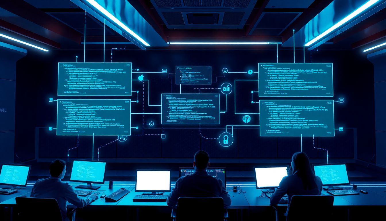 Team of developers working in a high-tech control room with illuminated screens displaying interconnected API code and data flow diagrams, representing the concept and structure of Application Programming Interfaces (APIs).
