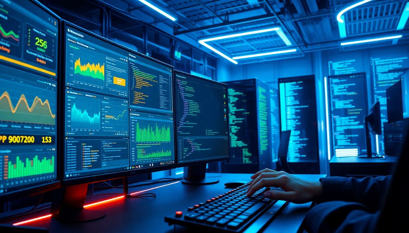 Engineer working on Jenkins CI pipelines and data analytics dashboards in a high-tech server room, optimizing continuous integration processes for software development.
