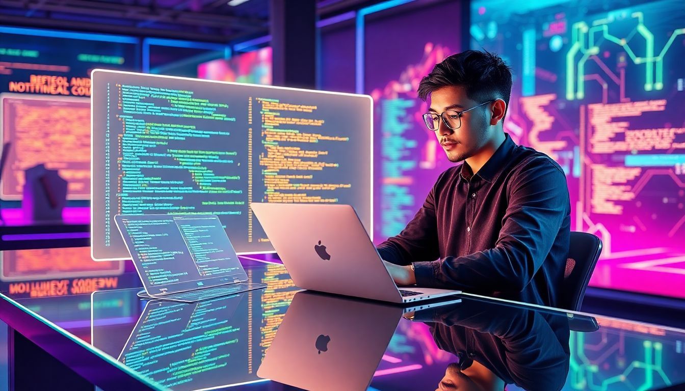 Software developer using an AI coding assistant on a laptop in a futuristic workspace, surrounded by glowing code screens and vibrant digital interfaces, symbolizing enhanced productivity and improved code quality with AI tools.