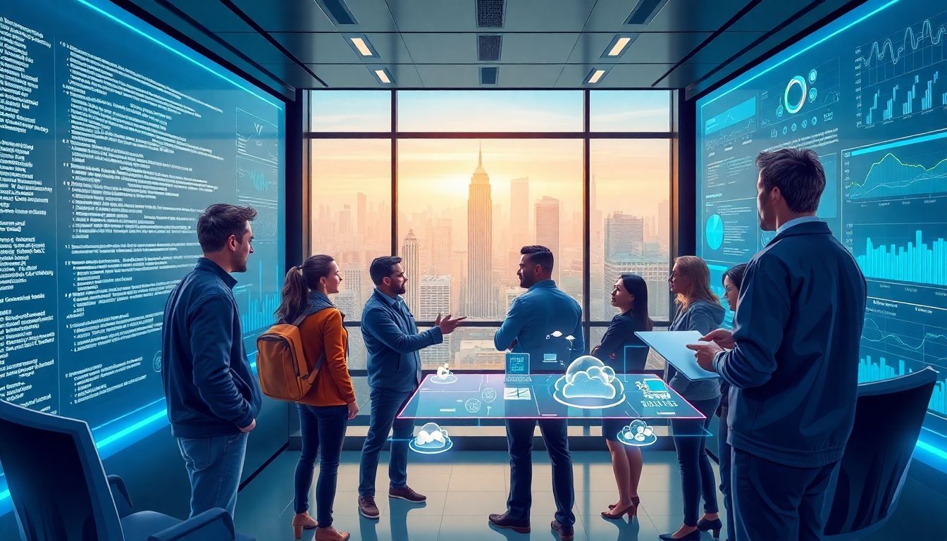 Office workers collaborating around a computer screen, focused on a presentation about DevOps and software development transformation.