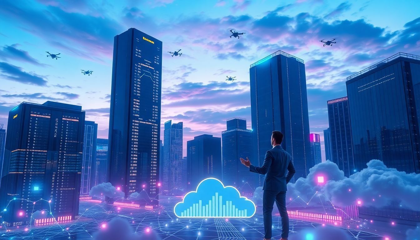 Business professional observing a futuristic smart city skyline with drones and digital cloud infrastructure, symbolizing hybrid cloud technology for enhanced flexibility and efficiency in modern IT environments.