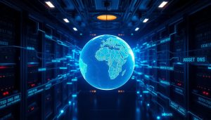 Digital globe surrounded by DNS servers in a futuristic data center, representing encrypted DNS technology for online privacy and secure internet communication.