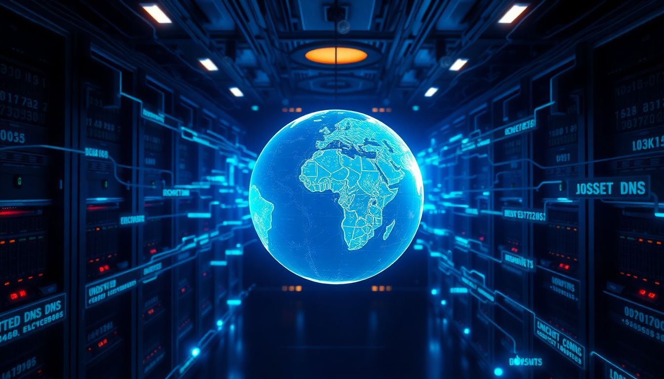 Digital globe surrounded by DNS servers in a futuristic data center, representing encrypted DNS technology for online privacy and secure internet communication.