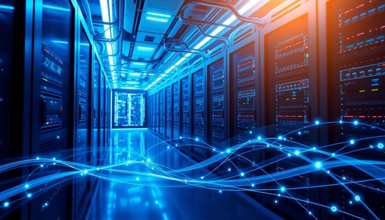 High-tech data center with glowing blue servers and digital lines representing fast data transmission, symbolizing low latency optimization in modern IT infrastructure.