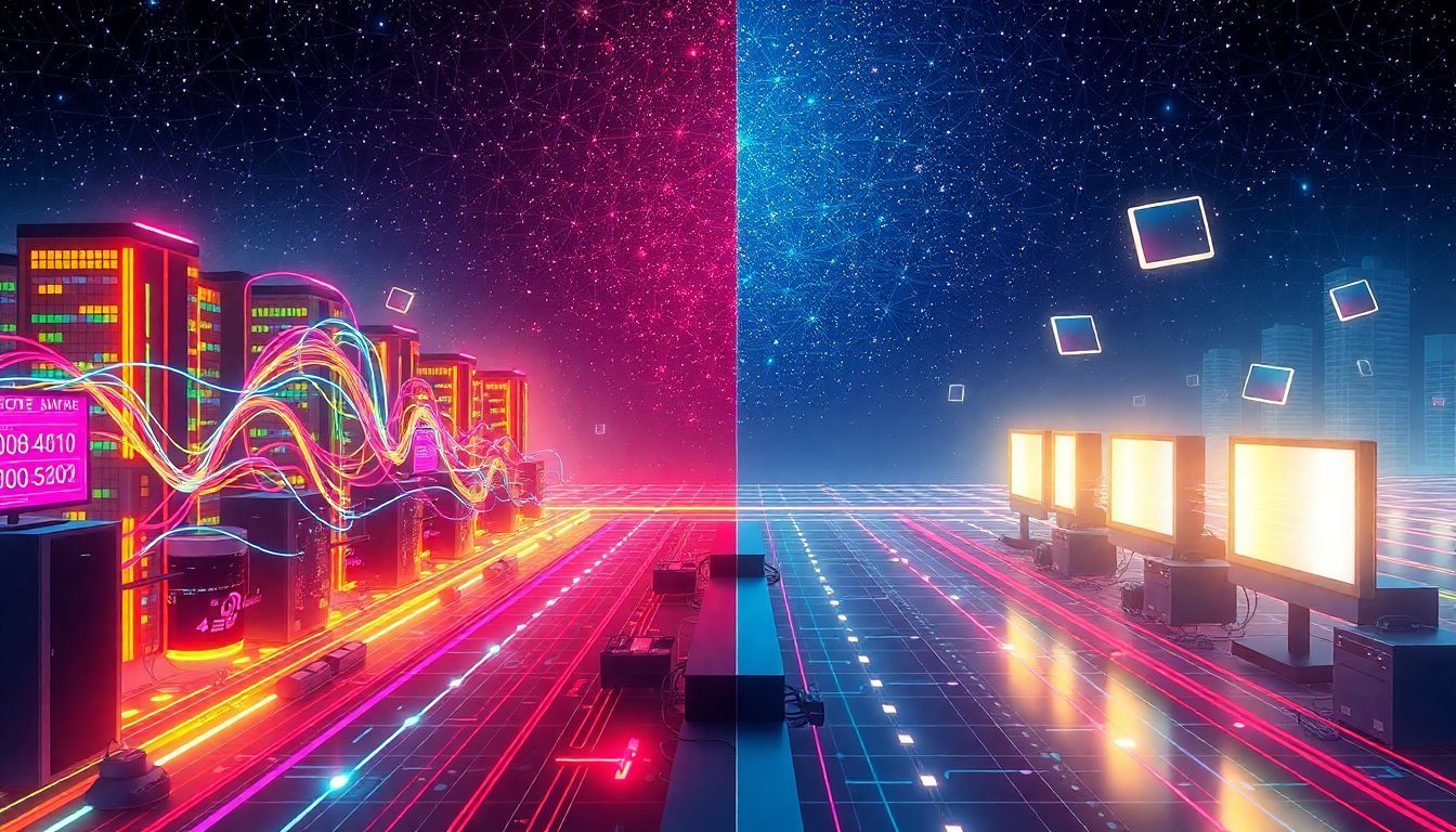 Split image showing a vibrant data stream from servers on the left representing jitter, and stable connections to computers on the right symbolizing latency in network performance analysis.