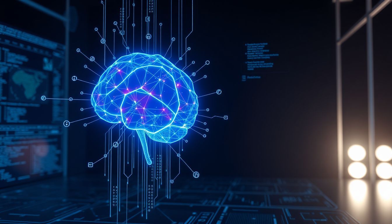 Futuristic digital brain made of glowing blue neural networks, representing artificial intelligence and large language models (LLMs) in a high-tech environment.