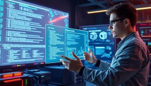 A man wearing glasses intently observes a computer screen, engaged in AI prompt engineering for creativity and efficiency.