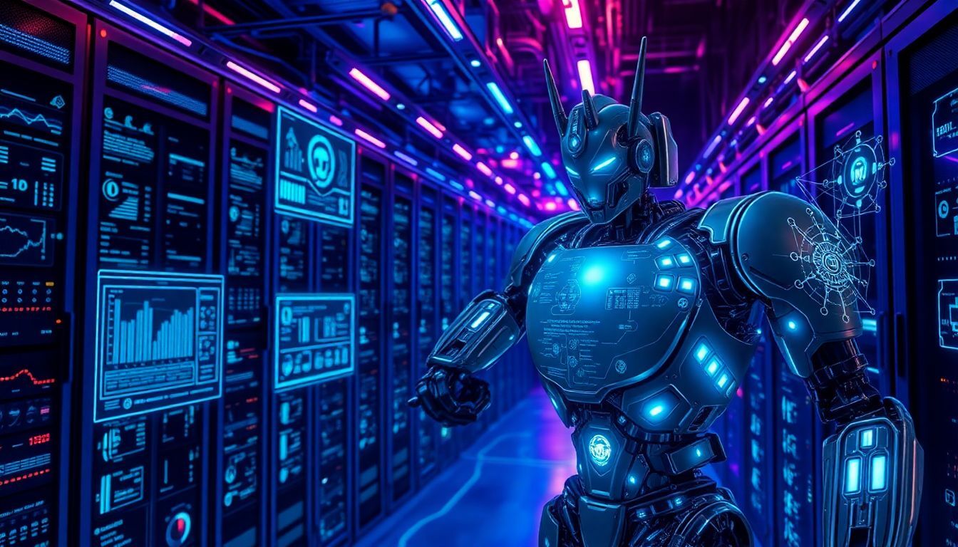 A robot with glowing lights stands in a data center, symbolizing transformers and advancements in machine learning and technology.