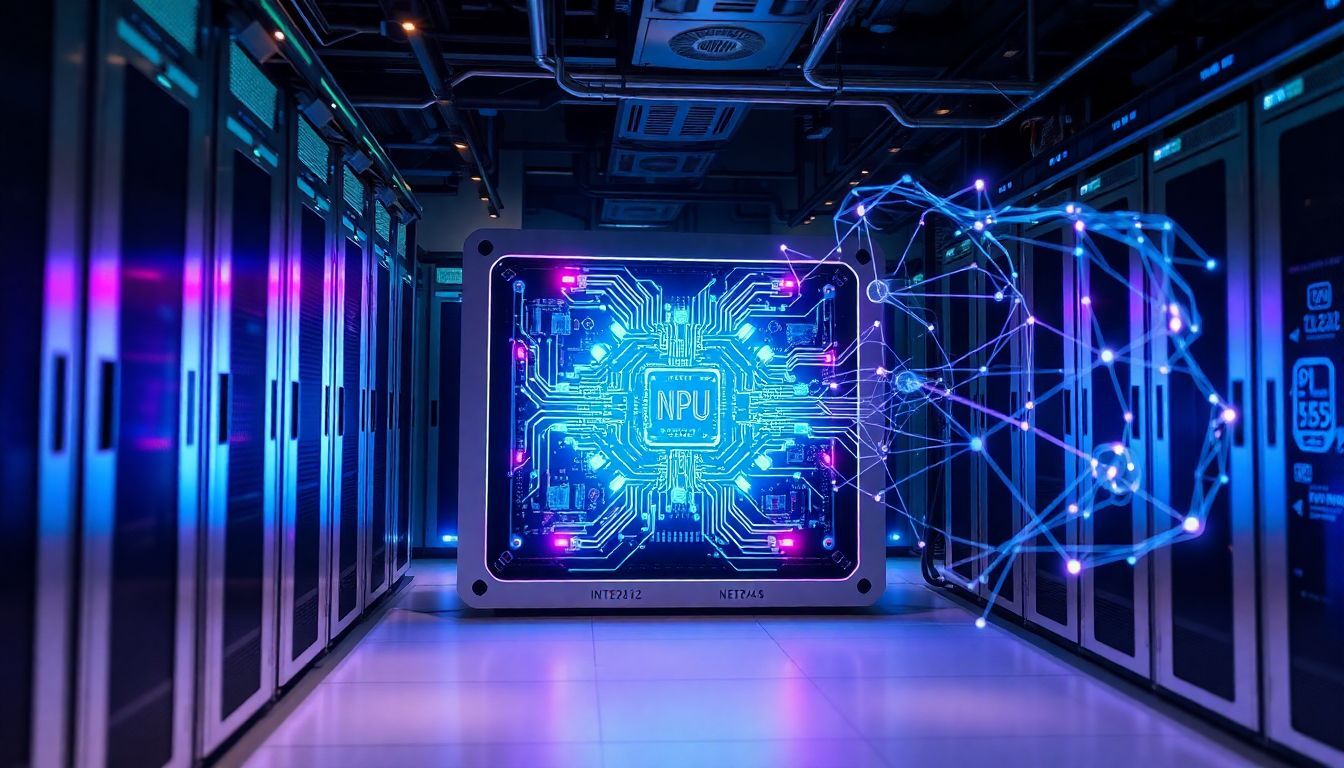 Neural Processing Unit (NPU) chip glowing in a futuristic data center, symbolizing AI acceleration and deep learning hardware innovation.