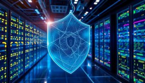 A shield with a computer screen in front, symbolizing adaptive firewalls in network security and intelligent filtering.