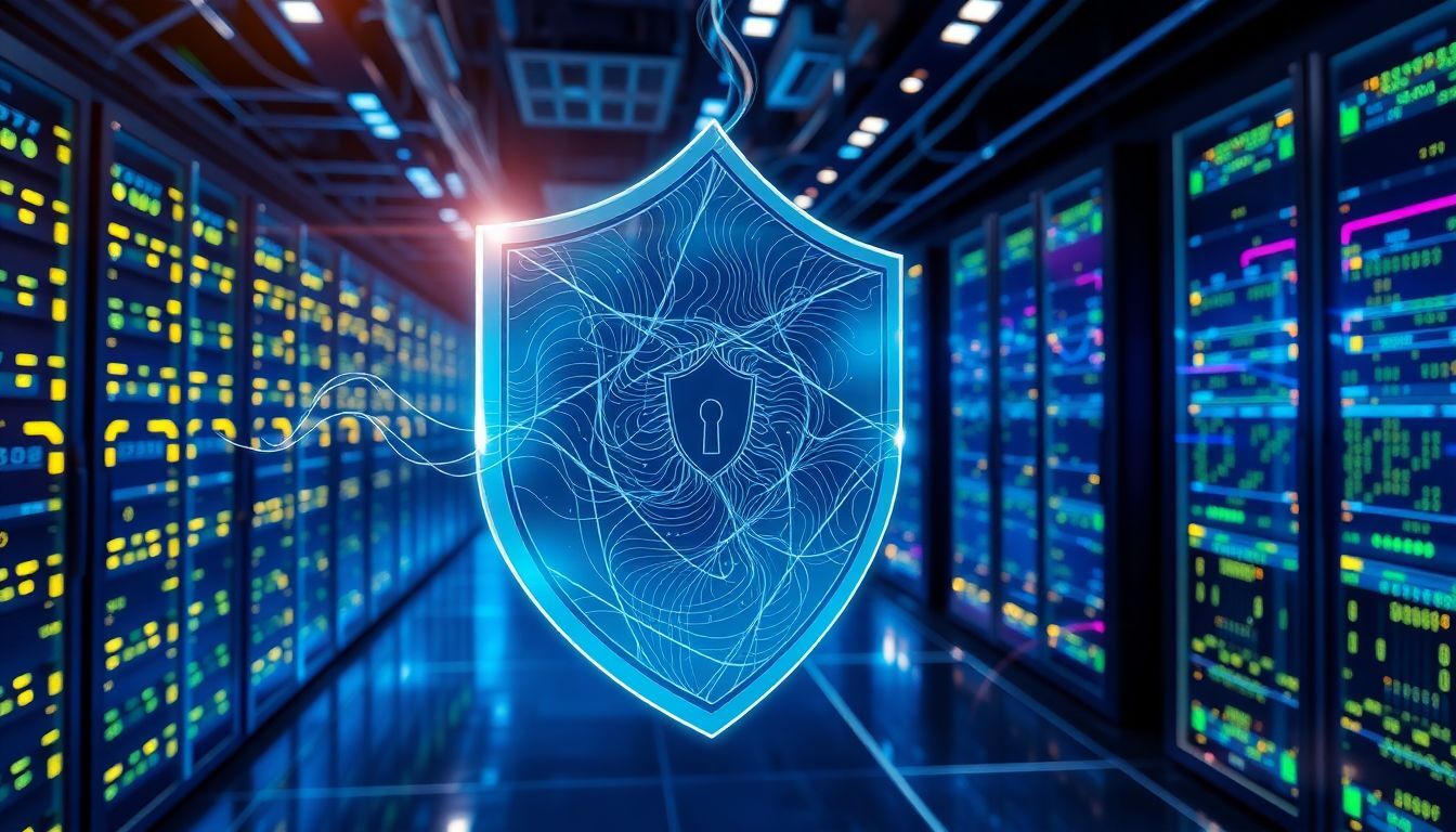 A shield with a computer screen in front, symbolizing adaptive firewalls in network security and intelligent filtering.