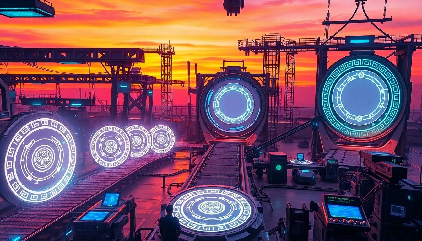Futuristic AI infrastructure facility with glowing stargate-like portals and industrial machinery at sunset, representing OpenAI's $500 billion Stargate Factory revolutionizing artificial intelligence.