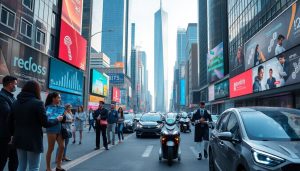 People walking and commuting in a busy city street surrounded by AI and technology-themed billboards, highlighting the impact of artificial intelligence on employment and the future of work.