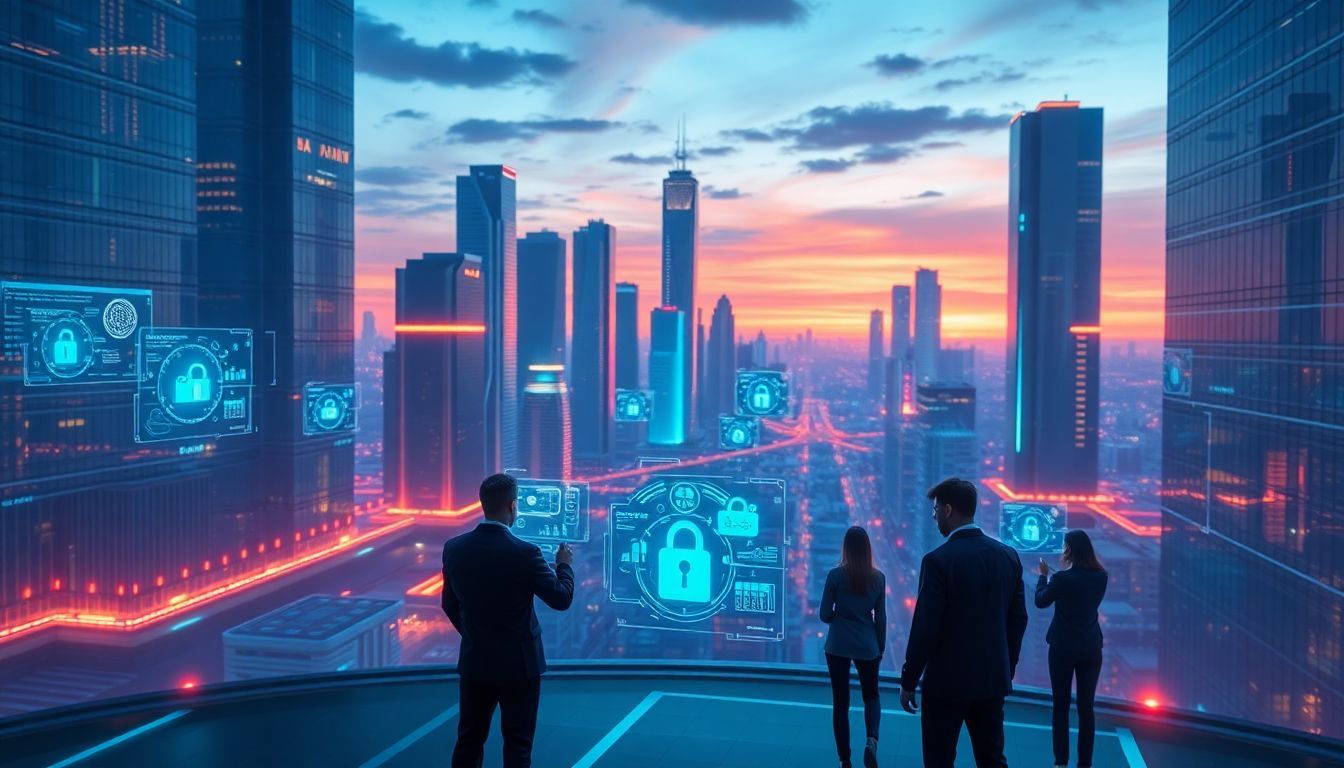 Business professionals analyzing secure digital interfaces in a futuristic city skyline, representing Secure Access Service Edge (SASE) as a modern network security solution at sunset.