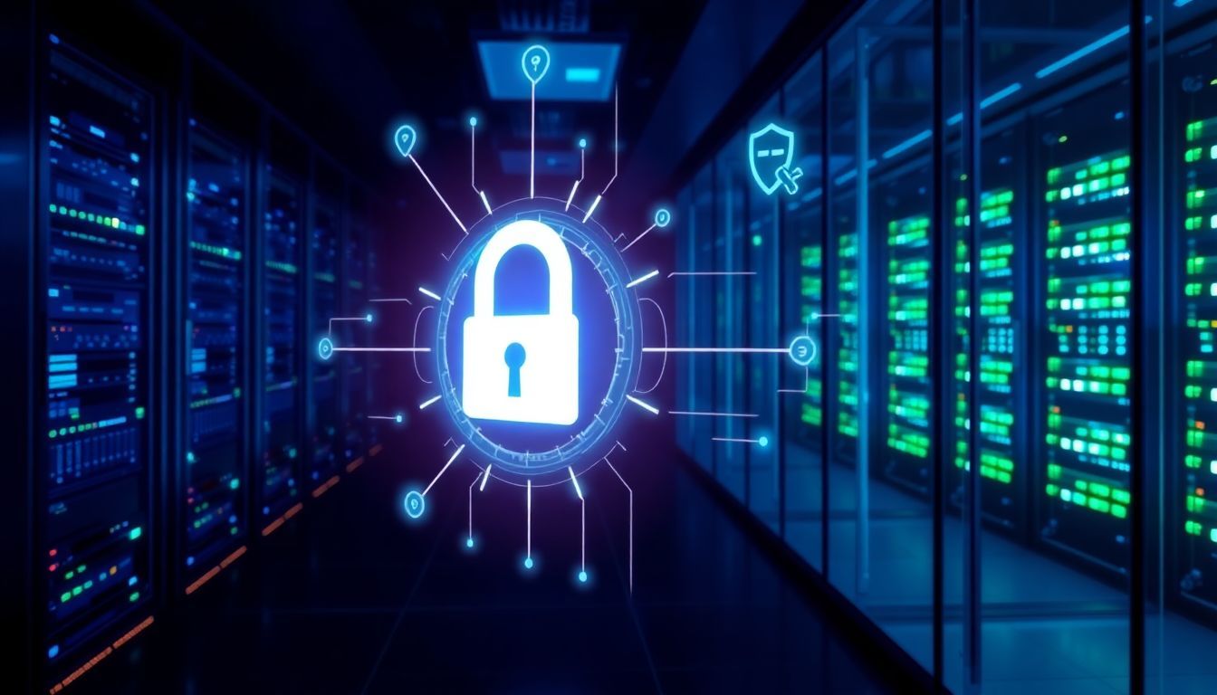 A computer server secured with a padlock, symbolizing website encryption and Secure Socket Layer (SSL) protection.