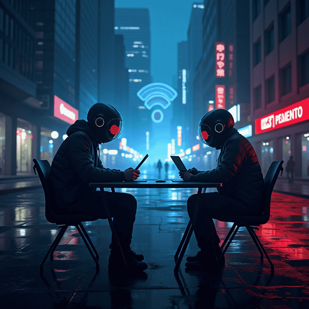"Two futuristic individuals wearing high-tech helmets using tablets at a table in a neon-lit city street, symbolizing the comparison of WiFi 7 and 5G wireless technologies in a digital, urban environment.