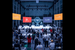 Google I/O 2025 conference showcasing AI innovations, with a crowd observing robotic demonstrations and presentations on large digital screens.