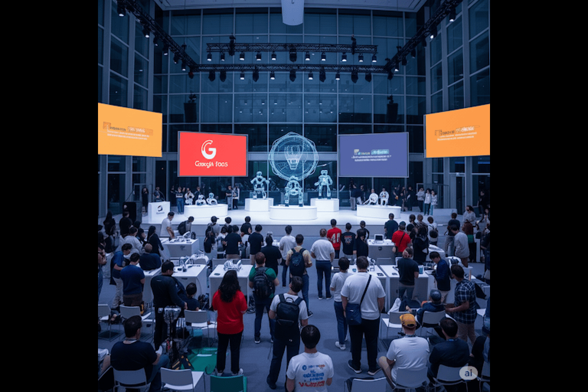 Google I/O 2025 conference showcasing AI innovations, with a crowd observing robotic demonstrations and presentations on large digital screens.