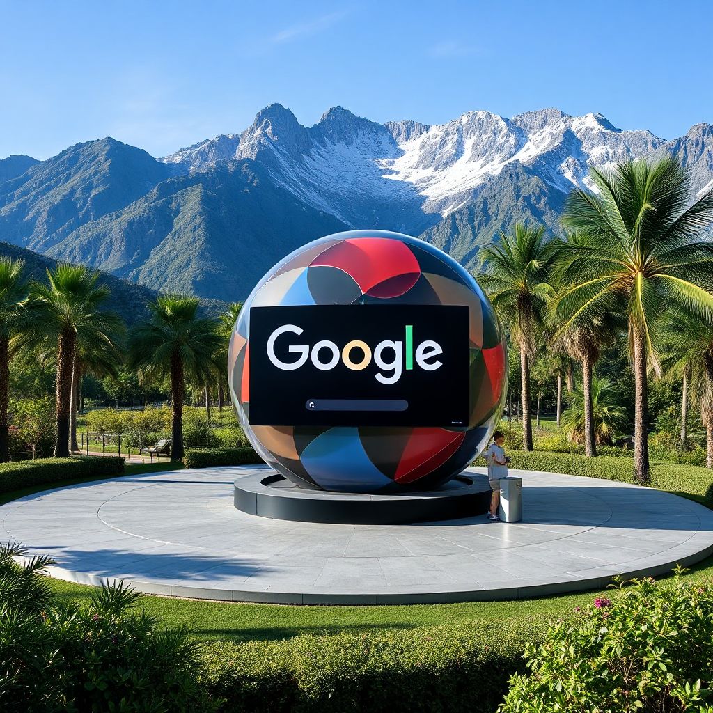 Google Gemini CLI AI interface displayed on a futuristic globe in a scenic outdoor setting with palm trees and mountains, symbolizing innovation and natural intelligence integration.