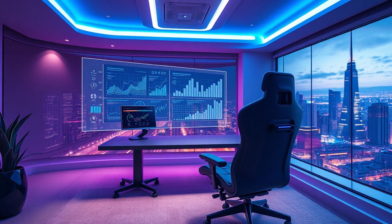 A futuristic office showcasing the future of remote work technology with a high-tech desk, ergonomic chair, and holographic displays of charts and data, set against a vibrant city skyline at dusk.