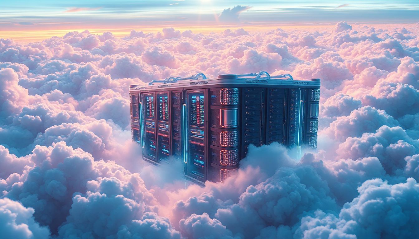 Futuristic data server floating in pink and blue clouds symbolizing cloud native backup technology and scalable data protection in the cloud.