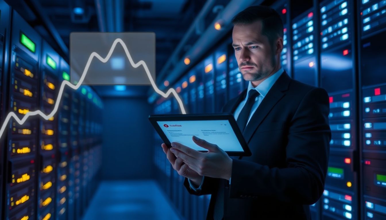 A professional in a suit analyzing financial data on a tablet in a high-tech data center, with a graph showing the true cost of downtime, surrounded by server racks and blue lighting.